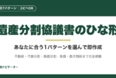 遺産分割協議書のひな形7パターン（基本・不動産・代償分割・換価分割・負債・後日発見財産・数次相続）をコピペOKで提供。診断フローで自分に合うパターンを即特定。